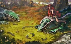 Wallpapers Thibault_girard, art, girl, dragons, forest, mushrooms on your desktop — picture №600660