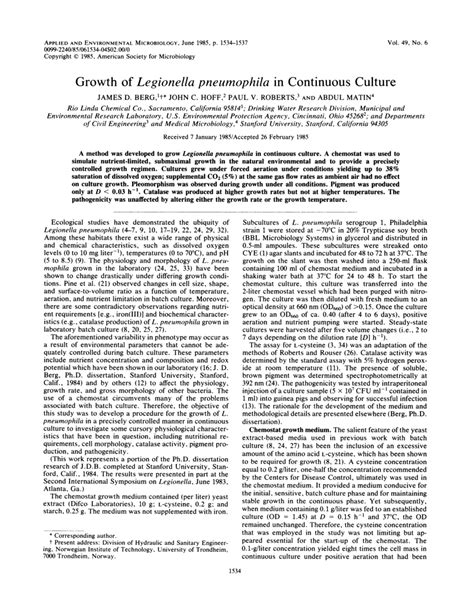 (PDF) Growth of Legionella pneumophila in continuous culture