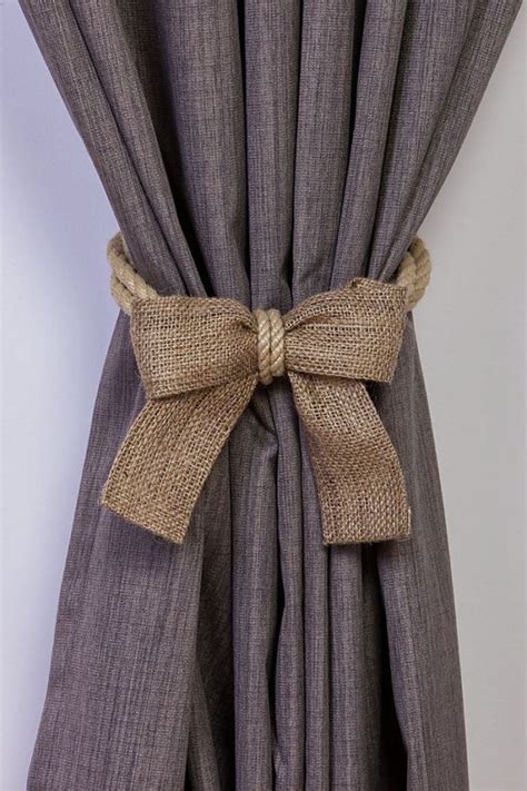 Twisted Beige Rope and Burlap Bow Curtain Tiebacks Rope Curtain Tiebacks, Curtain Holdbacks ...