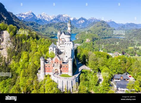 Schloss Neuschwanstein castle aerial view Alps landscape travel palace in Bavaria Germany Stock ...