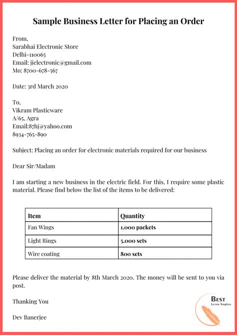 Sample Letter Templates for Placing Order- Format, Examples