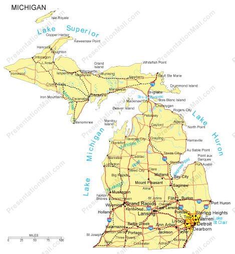 Michigan PowerPoint Map - Major Cities, Roads, Railroads, Waterways