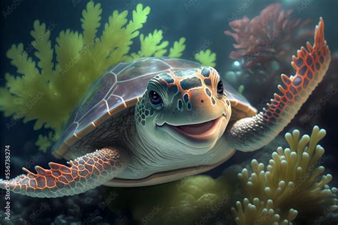 Smiling funny red sea turtle swims in the underwater background.Cute ...