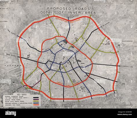 MANCHESTER PLAN 1945. Proposed Roads Inner Area. Ring arterial roads, 1945 map Stock Photo - Alamy