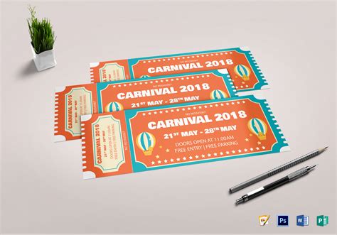 Carnival Event Ticket Design Template in PSD, Word, Publisher, Pages