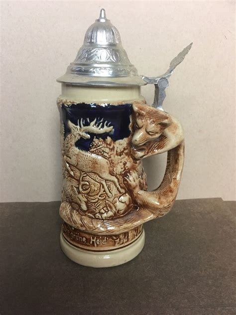 Vintage German Beer Stein Stag Fox Handle Boar HuntingScene | Beer ...