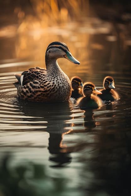 Premium AI Image | A duck with her ducklings on a pond