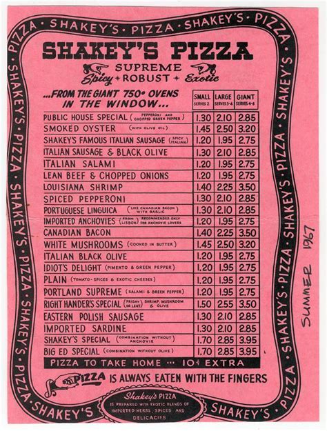 Pizza in Tulsa: Shakey's menu, summer 1967 - BatesLine