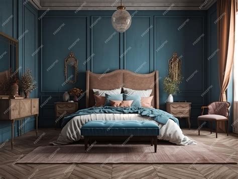 Premium AI Image | A bedroom with a blue wall and a bed with a blue ...