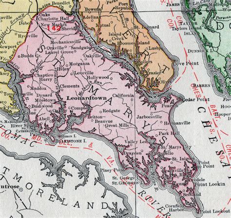 St. Mary’s County, Maryland, Map, 1911, Rand McNally, Leonardtown, California, Charlotte Hall