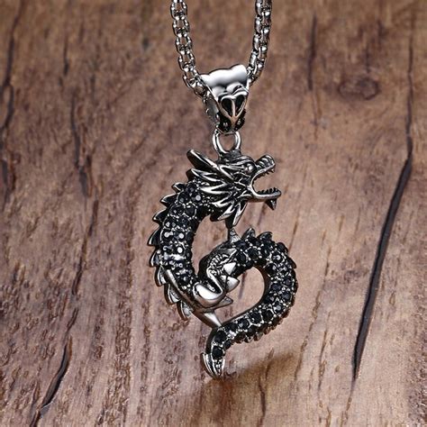 Stainless Steel Black Rhinestone Dragon Pendant Necklace with Long Chain Fashion Jewelry for Men ...