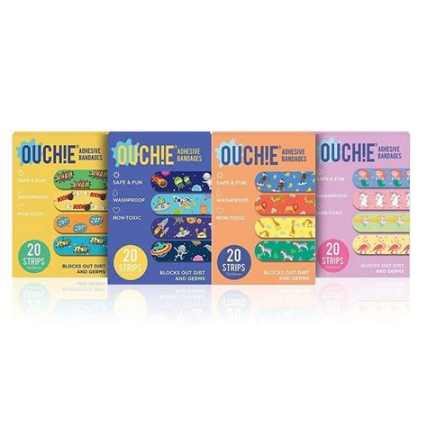 Ouchie NON-TOXIC Printed Bandages COMBO Set of 4 (80 Pack) - Space Blue, Orange, Yellow ...