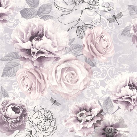 Romantic Ink Pink, Purple & Grey Floral Wallpaper | Departments | DIY at B&Q | Grey floral ...