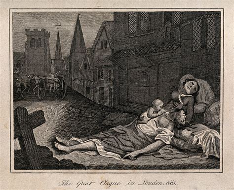 Two women lying dead in a London street during the great plague, 1665, one with a child who is ...