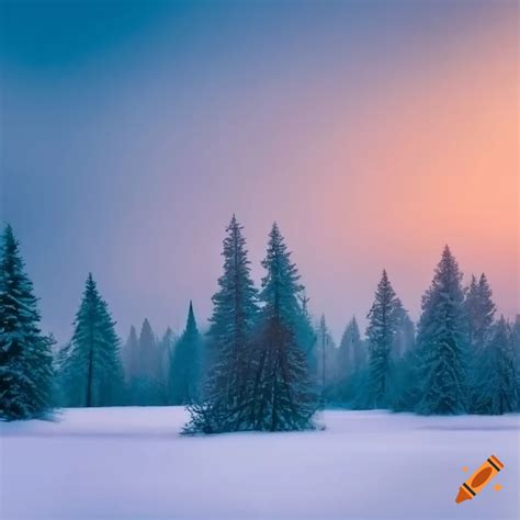 Snowy field with pine trees on Craiyon