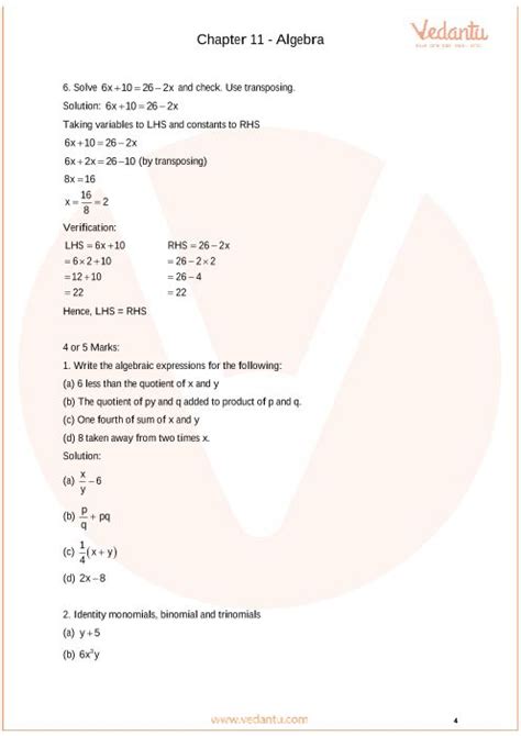 CBSE Class 6 Maths Chapter 11 - Algebra Important Questions