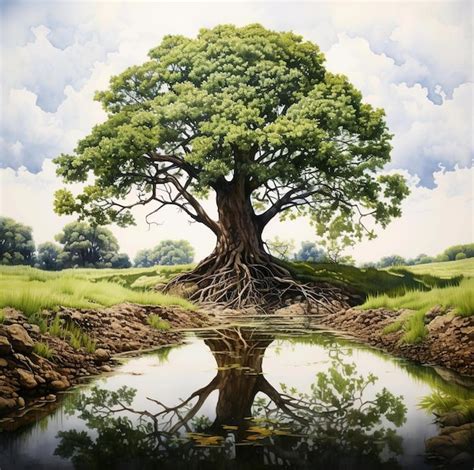 Premium AI Image | A tree with a reflection in the water and the ...