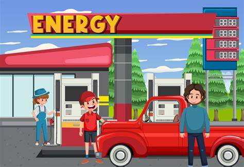 Gas station cartoon scene 7106410 Vector Art at Vecteezy