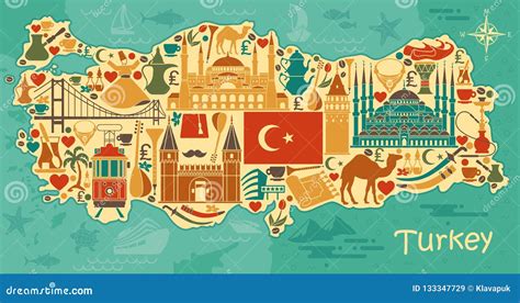 Traditional Tourist Symbols of Turkey in the Form of Map Stock Vector - Illustration of drink ...