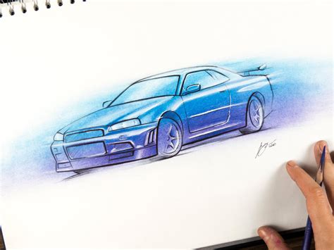 Nissan Skyline R34 GT-R Skizze Stift und Pastell Original | Etsy