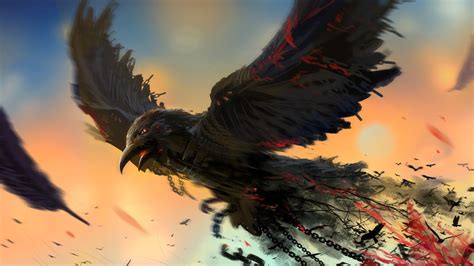 fantasy art, chains, crow, blood, digital art, animals, birds, artwork ...