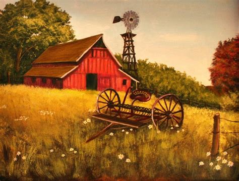 "Barn, Windmill, and Rake" by Carol Severn | Painting, Rural landscape, Art