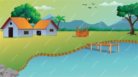 Premium Vector | Village cartoon background illustration with cow ...