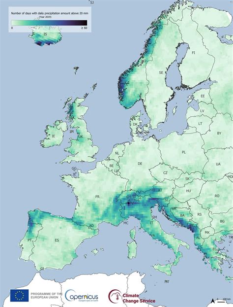 Heavy rain in Europe: map of the number of days in a year with more ...