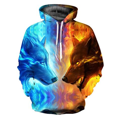 Ice Fire Double Wolf Head 3D Digital Printing Hooded Couple Hoodie – Pink-Always | Hoodie print ...