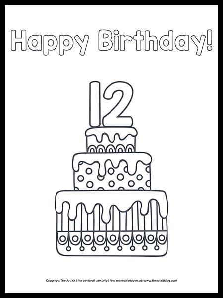 CUTE! Printable Happy 12th Birthday Cake Coloring Page - The Art Kit