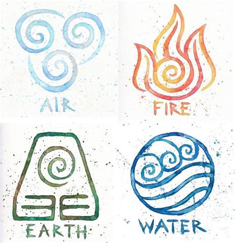 Water Earth Air Fire // Avatar Symbols // 9x9 Prints // Four Watercolor Paintings … | Pinteres…