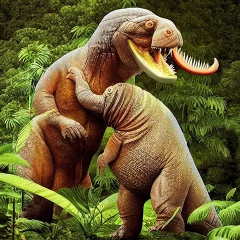 a tyrannosaurus rex and a walrus hugging in a space | Stable Diffusion | OpenArt