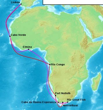 Route van Bartolomeus Diaz naar Kaap de Goede Hoop (heenweg rood ...