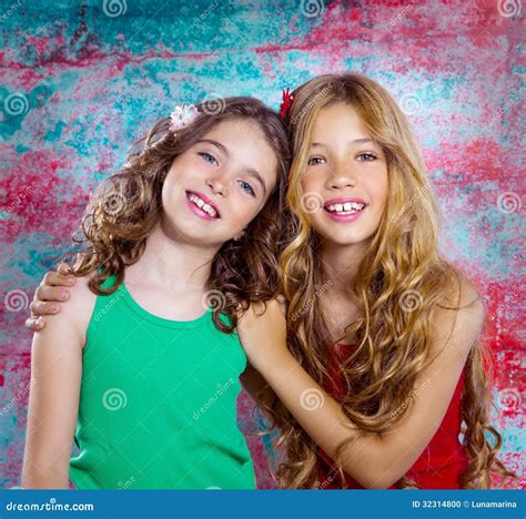 Friends Beautiful Children Girls Hug Together Happy Smiling Stock Photo ...