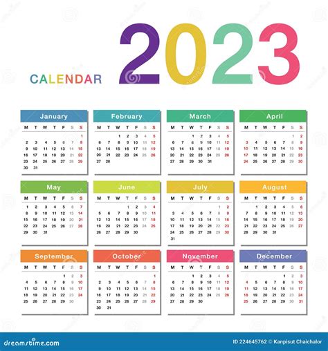 Colorful Year 2023 Calendar Horizontal Vector Design Template, Simple and Clean Design. Calendar ...