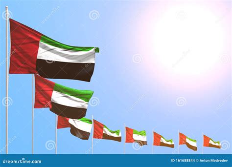 Beautiful Many United Arab Emirates Flags Placed Diagonal on Blue Sky ...