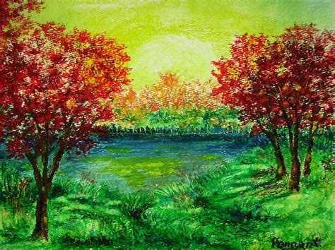 Autumn Landscape, Small Drawing, Original Oil Pastel Art, Wall Art, Nature Art, Home Decor, Tree ...