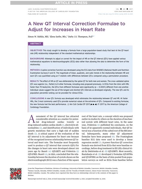 A New QT Interval Correction Formulae To Adjust For Increases in Heart Rate | PDF | Heart Rate ...