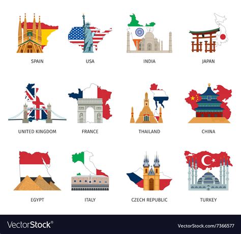 Countries flags landmarks flat icons set Vector Image