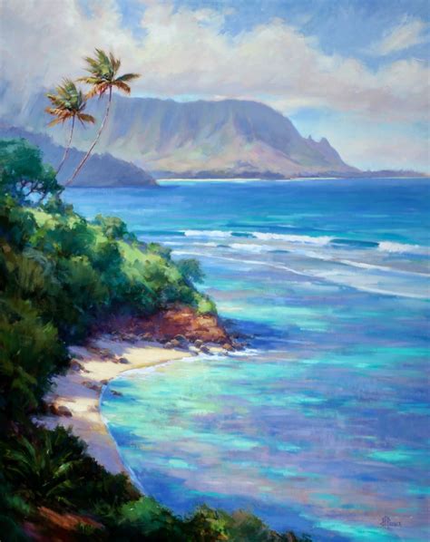 an oil painting of a tropical beach scene with palm trees and mountains in the background