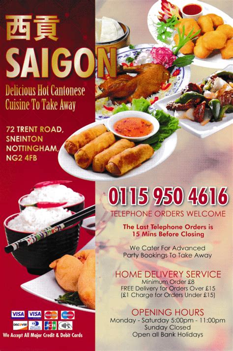 Menu for Saigon Chinese food takeaway in Sneinton, Nottingham