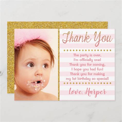 Pink and Gold First Birthday Thank You Card Pink And Gold Birthday Party, Gold First Birthday ...