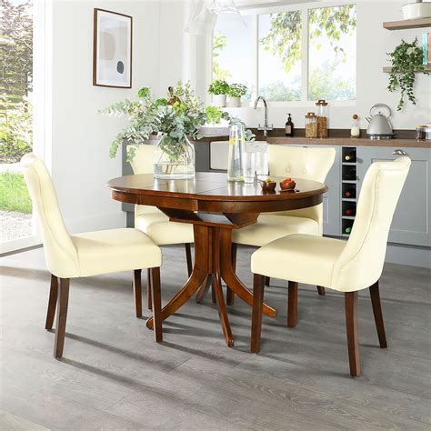 Hudson Round Dark Wood Extending Dining Table and 4 Chairs Set (Bewley Ivory) | Furniture Choice