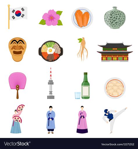 Korean culture symbols flat icons collection Vector Image