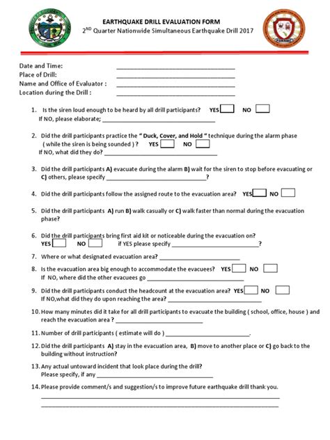 Earthquake Drill Evaluation Form | Emergency Evacuation | Emergency ...