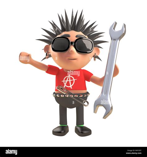 Cartoon 3d punk rocker character with spiky hair holding a spanner tool, 3d illustration render ...