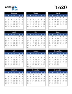 1620 Calendar (PDF, Word, Excel)