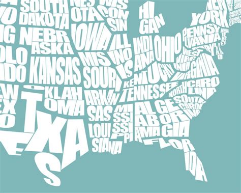 USA Word Map A Typographic Word Map of the United States of America, Travel Map Art, Typography ...