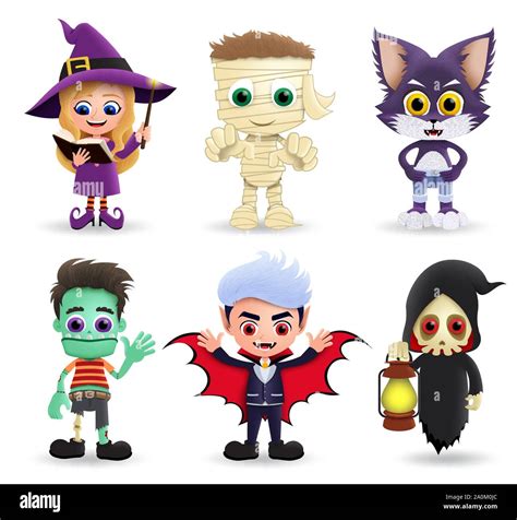 Halloween characters vector set. Halloween character in cute and scary costume of witch, mummy ...