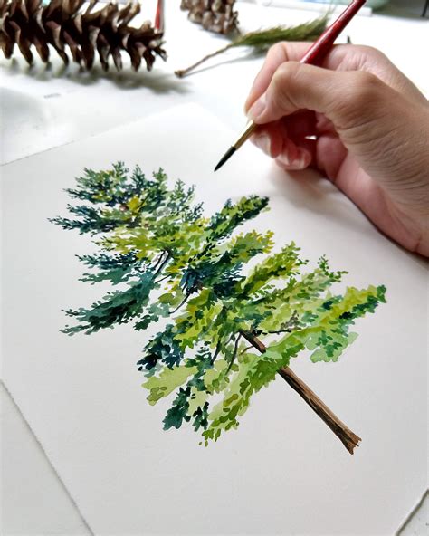 Process shot of a pine tree I'm painting, almost done, just gotta add ...